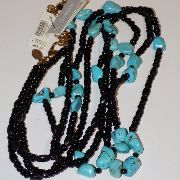 New w/$65.50 Tag Chico's Cayman Black Turquoise Double Strand Beaded Necklace - Picture 3 of 9